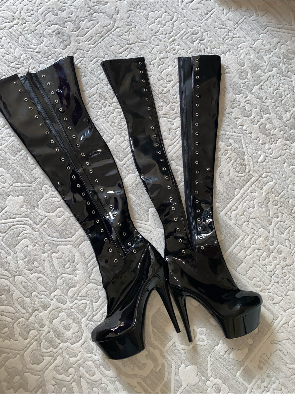 Patent Black Platform Knee-High Boots - Women's